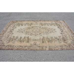 Alfombra Turca Vintage Clásica Beige Marrón 5,8X8,9 FT Hecho a Mano Lana Látex Respaldo Patchwork Diseño Rectángulo Tabriz para Cabecera - Product Image 3