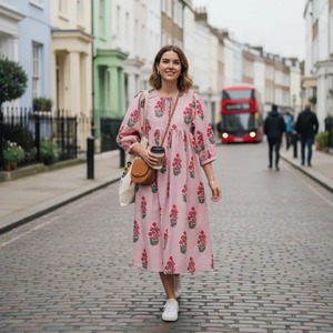 ชุดเดรสผ้าฝ้ายพิมพ์ลายด้วยมือ ชุดเดรสลายดอกไม้สไตล์โบฮีเมียน ชุดเดรสผ้าฝ้ายสำหรับฤดูร้อน ของขวัญสำหรับเด็กผู้หญิง ผู้หญิง งานแต่งงาน เทศกาล การเดินทาง - Product Image 1