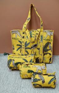 Conjunto de neceser de cuero acolchado bohemio de 3 piezas con forro de algodón estampado de bloque neceser para mujer con dos asas - Product Image 2