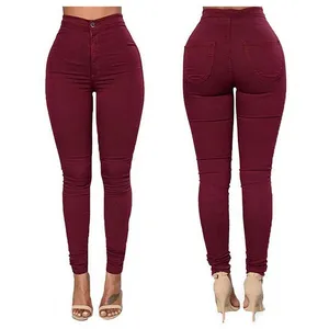 Red mid waist rubber hot denim pants medium wash women jeans pants trousers denim breathable pants for sale in reasonable price