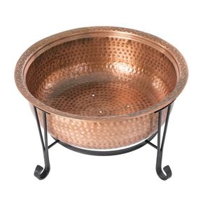Outdoor round copper fire pit for backyard patio heating with sturdy metal base and <b>spark</b> screen cover - Product Image 1