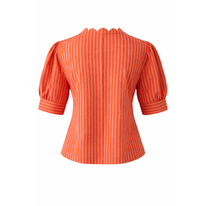 Blusa de Algodón Tejido a Rayas de Inspiración Vintage con Volantes, Bordado Festoneado y Botones - Disponible en Talla XS - Primavera Verano - Product Image 3