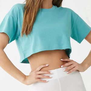 Top corto personalizado, camisetas cuadradas para mujer, Media manga con diseño de cuello redondo, Color sólido, 100% algodón, camisetas orgánicas lisas de verano - Product Image 1