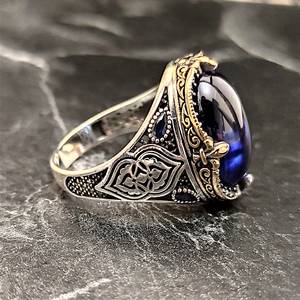 Anillo de Plata de Ley 925 de Estilo Vintage para Hombre con Gema de Zafiro Azul Oscuro, Anillo Hecho a Mano de Estilo Étnico - Product Image 5