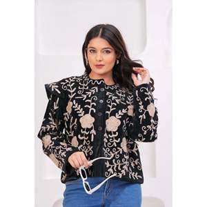 Black White Floral <b>Quilted</b> Woven Full Sleeve Ruffled Collar Ladies Reversible Outerwear Blazer <b>Pattern</b> Bomber Varsity Style - Product Image 1