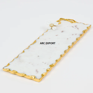 Plateau en marbre de luxe avec poignées de tournesol décoratives en métal - Product Image 6