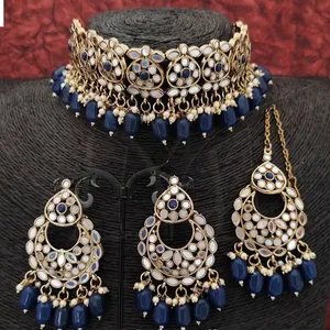 Religieuze Sieraden Uit India Mooie Choker Stijl Mehendi Polish Design Feestkleding Antieke Spiegel Choker Ketting Set