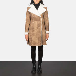 Abrigo de Piel de Oveja Amie Brown, Estilo Doble Botonadura, con Efecto Desgastado - Product Image 1