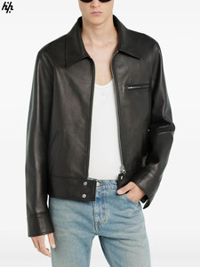 Chaqueta de cuero de grano completo transpirable a prueba de viento de invierno para hombre con bolsillos laterales de cuello levantado elegante para ocasiones casuales y formales - Product Image 5