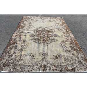 Turkish Vintage Rug, 6.6x9.3 ft Rug, <b>Brown</b> White Striped <b>Wool</b> Rug - Product Image 1