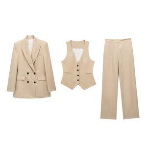 Conjunto de <span class=keywords><strong>Traje</strong></span> de <span class=keywords><strong>Mujer</strong></span> para Primavera/Verano 2025, Estilo Casual, <span class=keywords><strong>Lino</strong></span>, Blazer de Manga Larga, Chaleco y Pantalones - Product Image 1