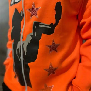 Face Total Zipper Rhinestone Orange Hoodie Logotipo personalizado Hip Hop Oversize Rhinestone Full Zip up hoodies hombres, sudaderas con capucha para hombres - Product Image 4