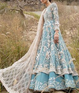Nouvelle couleur ciel mariée Anarkali Lehenga & Dupatta avec perles de verre en cristal brodées élégantes et travail Dabka pour vêtements de mariage 2025 - Product Image 1