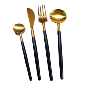Elegant Style Flatware <b>Set</b> of 4 pcs Gold Plated Spoon Fork & Knife Black Painted Handle Cutlery Kitchen utensil At Best price - Product Image 1