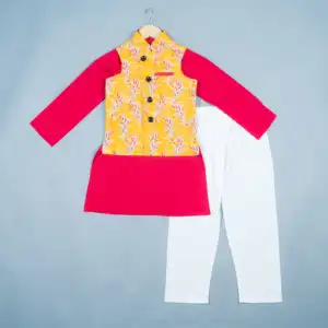 Детский индийский комплект свадебной одежды с ручным блоком красная пижама с принтом курта с желтым пиджаком nehru
