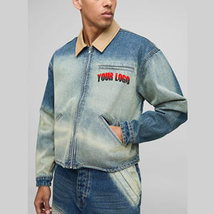 Vente en gros Prix abordable Coupe ample Col contrasté Vestes en jean zippées Épaules tombantes Streetwear Veste lourde pour hommes - Product Image 4