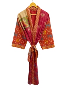 Peignoir Multi Couleur Robe Femme Nuit Porter Longue Robe, Imprimé Floral Indien Vintage Recyclé Soie Sari Kimono, - Product Image 3