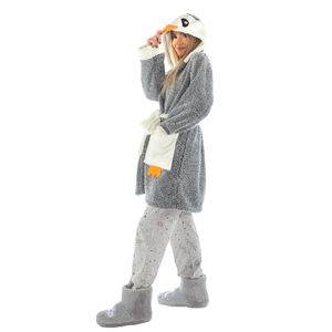 Znp Home Robe de chambre en peluche Wellsoft à capuche brodée pingouin gris pour femme - Product Image 1