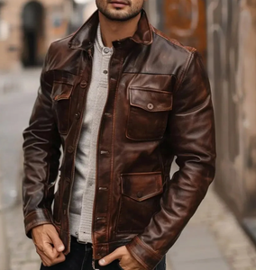 Chaqueta de Motociclista de Cuero Genuino para Hombre, Color Marrón, Cierre de Cremallera, Cuello Camisero, Transpirable, Estilo Otoñal, Modelos 2027 - Product Image 1
