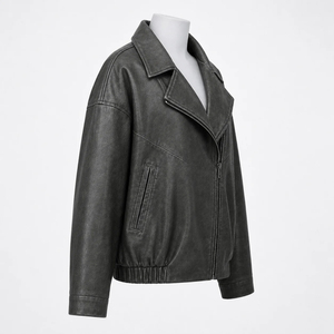 Chaqueta de Cuero Genuino Negro para Mujer, Corte Holgado, Cuello Extendido, Dobladillo Elástico, Bolsillos Laterales, Ecológica e Impermeable - Product Image 4