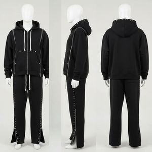 Ensemble de survêtement de haute qualité personnalisé pour l'hiver, streetwear, triple fermeture éclair, survêtement hip hop, rivets, pantalon de survêtement évasé, ensemble pour hommes, strass - Product Image 4