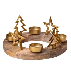 Premium Gold Metal <b>Christmas</b> <b>Tree</b> Tea <b>Light</b> <b>Candle</b> Holder Set With Mango Wood Base Festive Home Decor Table Modern Holiday Gift - Product Image 3