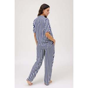 Elegante Conjunto de Pijama de Rayón Blanco y Azul con Camisa de Media Manga con Botones y Pantalones Rectos Cómodos - Product Image 2