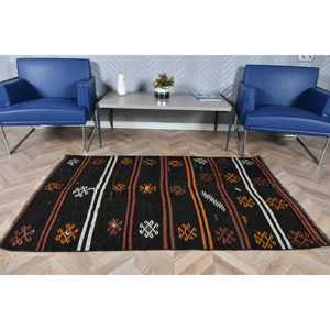 Tapis Kilim vintage 3,6 x 10,9 pieds, tapis persan turc en laine noire - Product Image 3