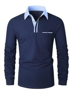 <b>Men's</b> Adult Solid Breathable Knitted Cotton Long Sleeve Golf <b>Polo</b> <b>Shirts</b> with Real Pocket <b>Pink</b> - Product Image 1