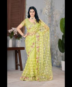 Saree Banarasi de seda pura para boda y fiesta con hermoso trabajo de bordado y blusa Georgette - Product Image 1