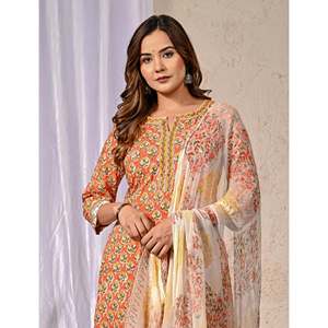 Orange Butta <b>Block</b> <b>Printed</b> Silk Kurta Pant Set Anarkali Indian Style with Salwar for Party Wear Special Occasions Net Fabric - Product Image 1