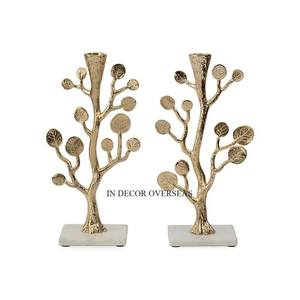 High Grade Gold Plated Superior Quality Metal Leaves Tree Designer Set Of 2 Wedding Decor <b>Candle</b> Holders With White <b>Marble</b> Base - Product Image 1