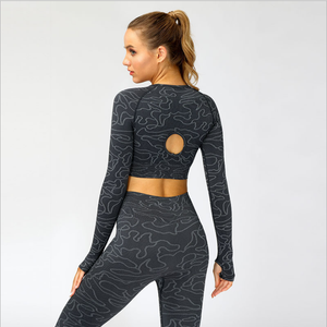Conjunto de Yoga sin Tirantes para Mujer, 2 Piezas, Top Corto de Manga Larga, Leggings Largos de Cintura Media, Poliéster/Algodón Transpirable - Product Image 2