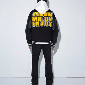 Men's Black PU Slim Varsity Jacket with Satin Lining Stand Collar <b>Covered</b> <b>Button</b> Front Logo Regular Sleeve Casual Winter Wear - Product Image 4