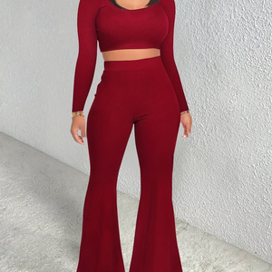 <b>Womens</b> Long Sleeve <b>Crop</b> Top & High-Waist Flare Pants and Zip Hoodie & High-Waisted <b>Legging</b> Set - Product Image 5