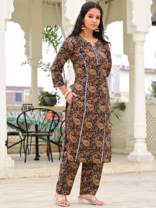 Women Black Floral Print Cotton Salwar Kameez <b>Three</b> <b>Quarter</b> Sleeve Calf Length Long Straight Kurta with <b>Pants</b> Party Summer - Product Image 5