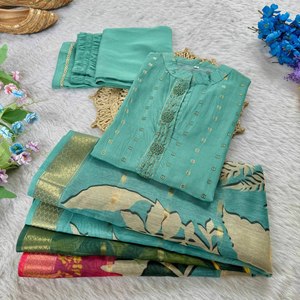 Salwar Kameez à la Mode en Tissu de Soie de Coton Jacquard Premium, Travail Manuel Spécial pour les Jours Ordinaires et les Fêtes de Bureau, Manches 3/4, Motif - Product Image 3