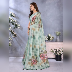 Sari imprimé floral vert menthe exquis GG-411, imprimés aux motifs rafraîchissants et traditionnels qui donnent au spectacle un charme - Product Image 4
