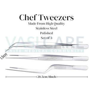 Professional Chef Plating Tweezers 8-Inches Set of 3 Straight Curved and Hand Made from Stainless Steel Polished 20.5cm Silver - Product Image 5