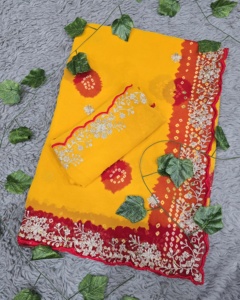 Saree georgette de designer indien avec bordure en dentelle brodée et perle pour mariage - Product Image 4