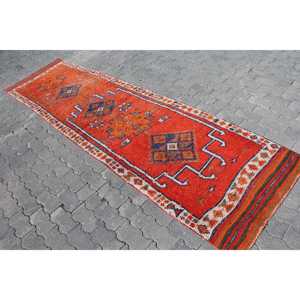 Turkish Herki <b>Runner</b> Rug 3x10.9 ft (90x332 cm), Vintage <b>Red</b> Ombr Rug - Product Image 2