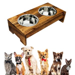 Acacia Wooden <b>Feeder</b> for Pet with Stainless Steel Pet Bowl Double Feeding Bowl Diner Elevated Stand for Providing Food and Water - Product Image 2