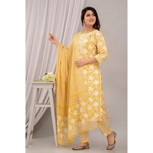 Conjunto de Kurta recto con estampado floral amarillo para mujer con pantalones y Dupatta con diseño de yugo - Product Image 4
