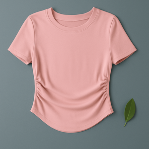 T-shirt plissé sexy à manches courtes pour femmes, col rond, coupe ajustée, détails sur les côtés froncés - Product Image 4