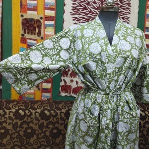 Green Floral Print Cotton Voile Kimono Bathrobe for Women Soft Lightweight Breathable Fabric for <b>Pool</b> Beach or Home <b>Lounging</b> - Product Image 1