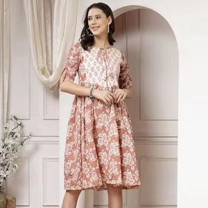Robe en coton imprimé bloc à la main indienne nouvelle tenue d'été décontractée à la mode avec tour de taille naturel de style doux pour le cadeau de la Saint-Valentin - Product Image 1