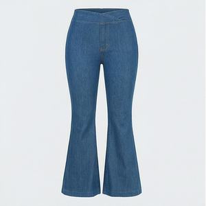 Custom <b>Women</b> Straight Flare High Waist <b>Jeans</b> Versatile Slim Wide Leg Denim Pants Washed Perforated Design Premium Trendy Wear - Product Image 1