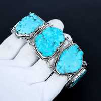 Pulsera de Lujo con Turquesa Rara y Brillante, Plata de Ley 925, Hecha a Mano, Estilo Bohemio, Unisex, Talla Grande, Certificación GIA, Oro