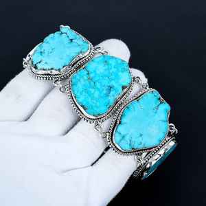 Pulsera de Lujo con Piedras Preciosas de Turquesa Rara, Plata de Ley 925 Maciza, Hecha a Mano, Estilo Bohemio, Unisex, Talla Grande, Certificada por GIA, Regalos - Product Image 5
