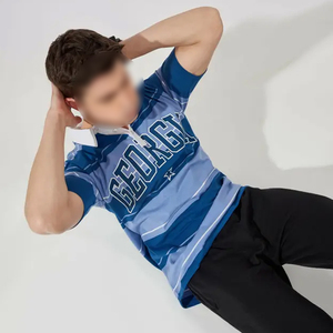 2025 hommes rayé col rond pur coton bleu foncé, T-shirt bleu, polos à bretelles surdimensionnées à manches courtes pour hommes - Product Image 5